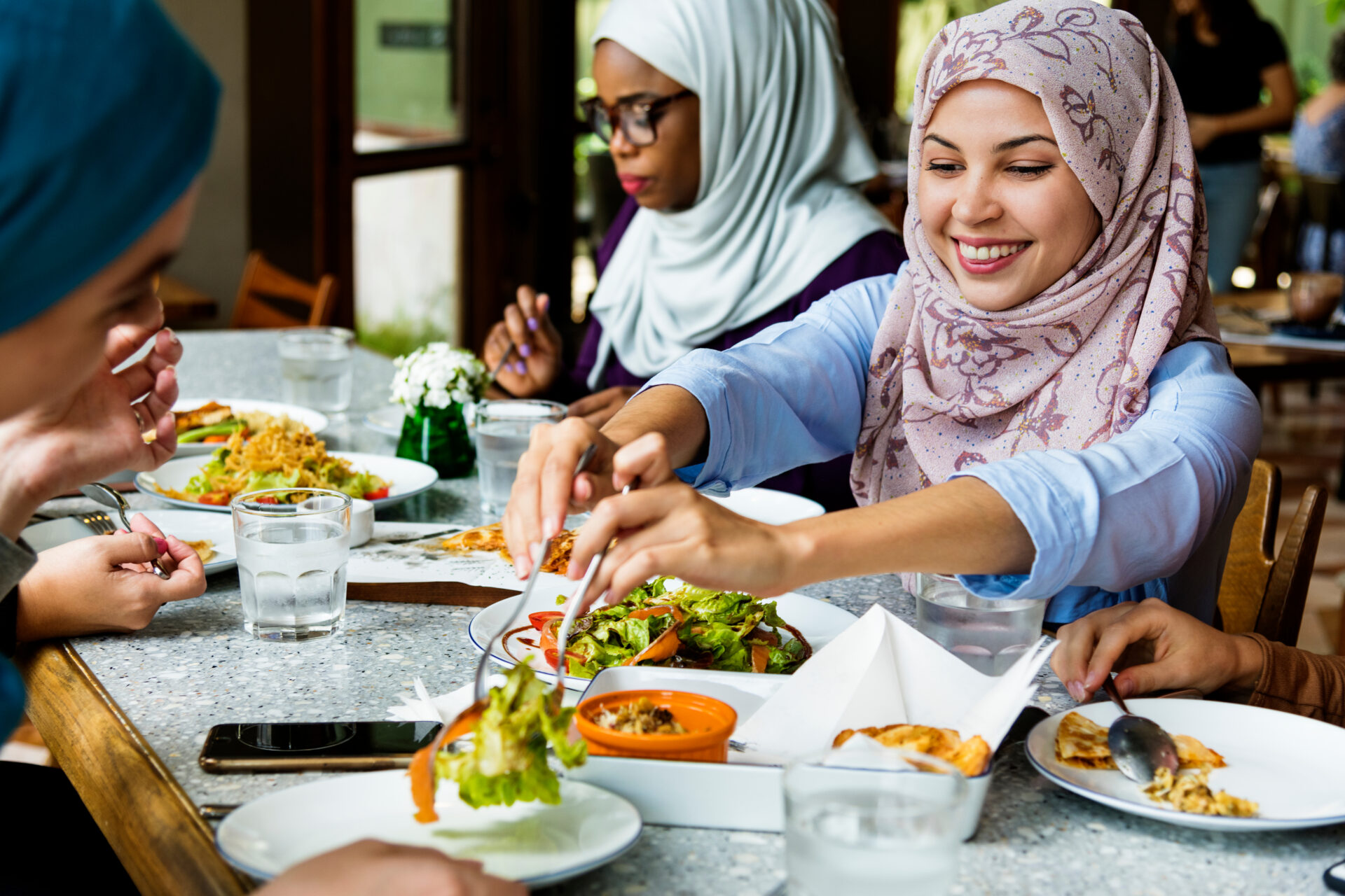 Muslim,Women,Hijab,Having,Dinner